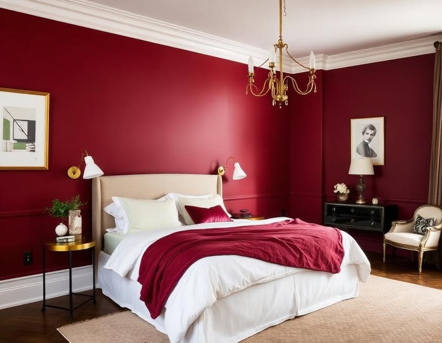 Deep burgundy bedroom feature wall behind a bed