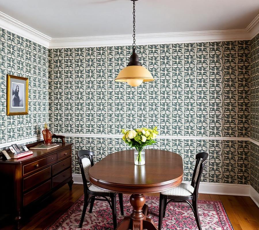 Geometric wallpaper expertly pattern matched in a dining room